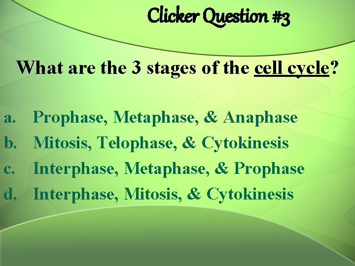 Clicker Question #3 What are the 3 stages of the cell cycle? a. b.