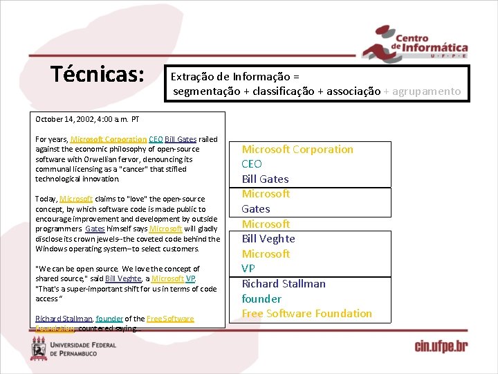 Técnicas: Extração de Informação = segmentação + classificação + associação + agrupamento October 14,