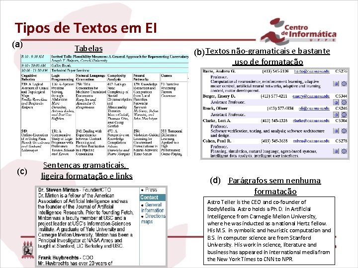 Tipos de Textos em EI (a) (c) Tabelas Sentenças gramaticais, ligeira formatação e links