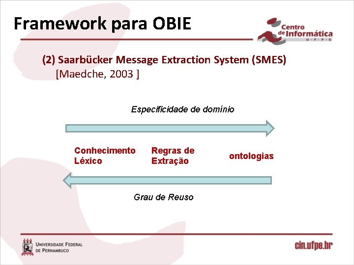 Framework para OBIE (2) Saarbücker Message Extraction System (SMES) [Maedche, 2003 ] Especificidade de