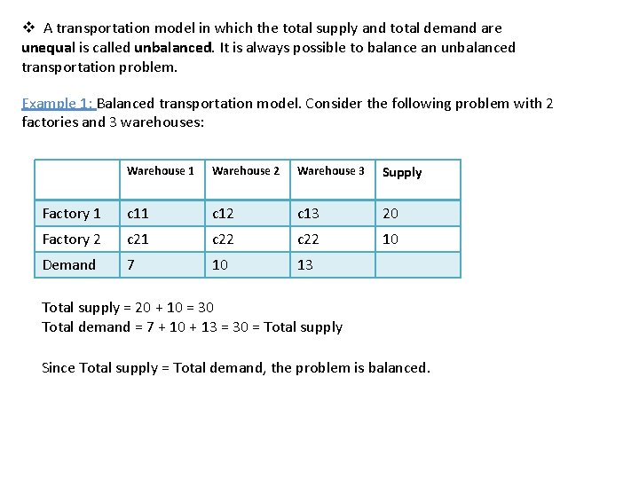 v A transportation model in which the total supply and total demand are unequal