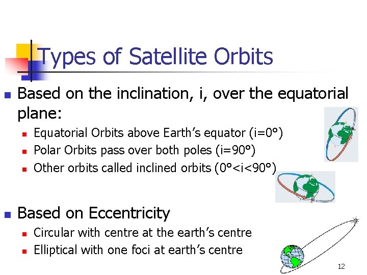 Types of Satellite Orbits n Based on the inclination, i, over the equatorial plane: