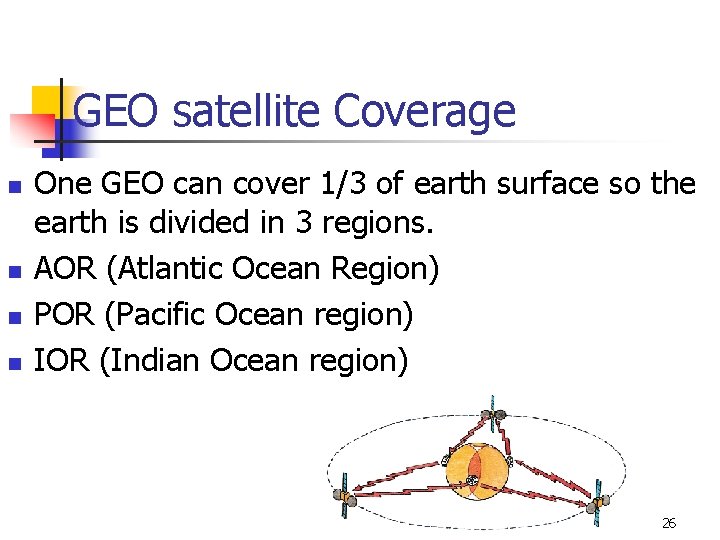 GEO satellite Coverage n n One GEO can cover 1/3 of earth surface so