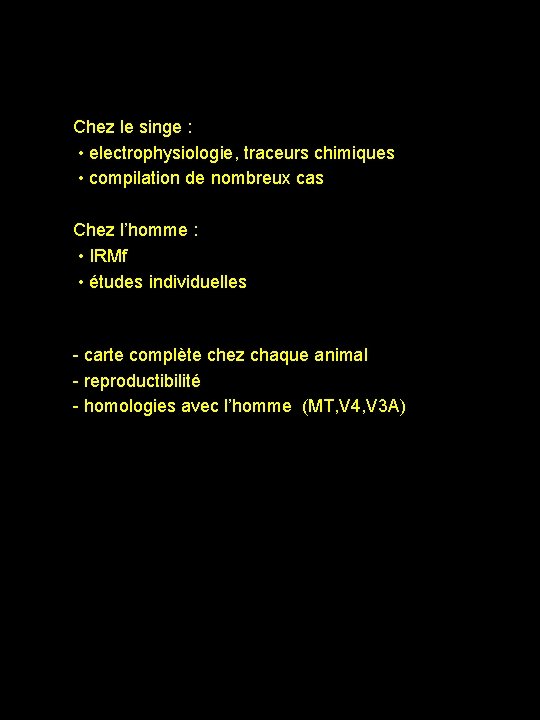 Chez le singe : • electrophysiologie, traceurs chimiques • compilation de nombreux cas Chez