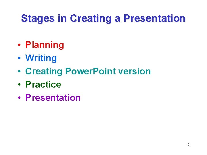 Stages in Creating a Presentation • • • Planning Writing Creating Power. Point version