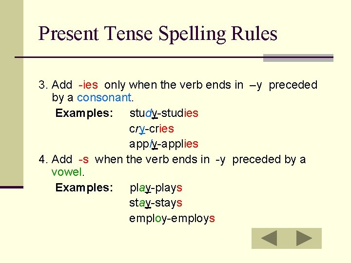 Present Tense Spelling Rules 3. Add -ies only when the verb ends in –y