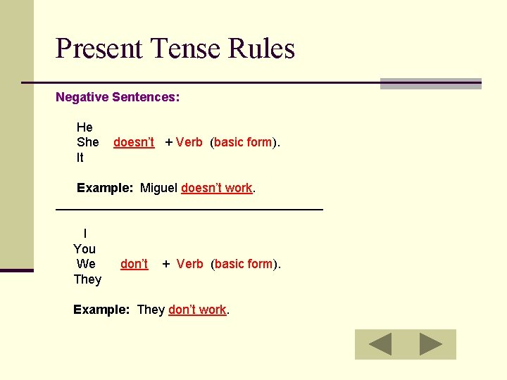 Present Tense Rules Negative Sentences: He She It doesn’t + Verb (basic form). Example: