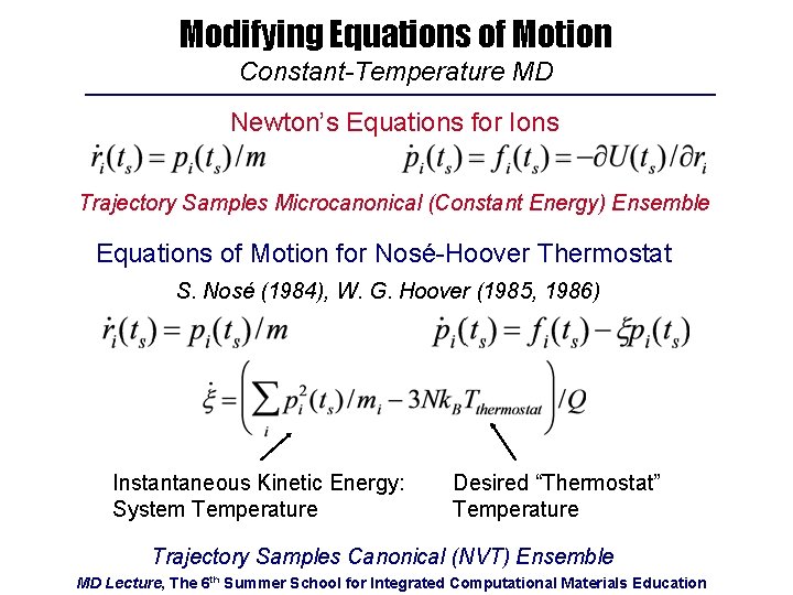 Modifying Equations of Motion Constant-Temperature MD Newton’s Equations for Ions Trajectory Samples Microcanonical (Constant