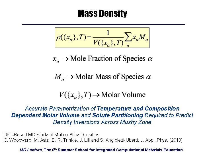 Mass Density Accurate Parametrization of Temperature and Composition Dependent Molar Volume and Solute Partitioning