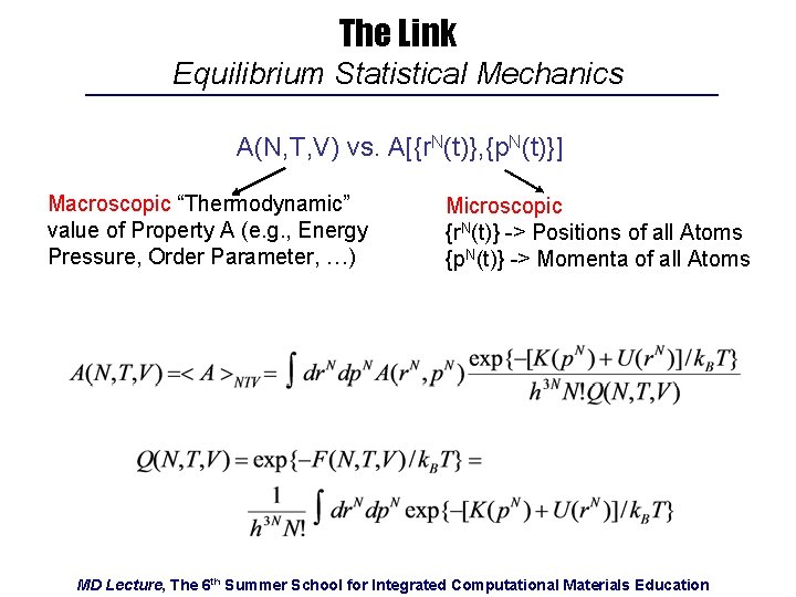 The Link Equilibrium Statistical Mechanics A(N, T, V) vs. A[{r. N(t)}, {p. N(t)}] Macroscopic