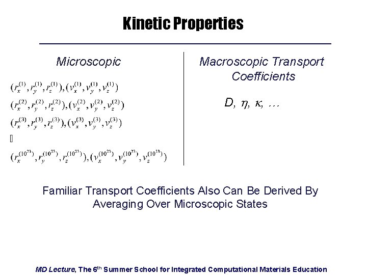 Kinetic Properties Microscopic Macroscopic Transport Coefficients D, h, k, … Familiar Transport Coefficients Also