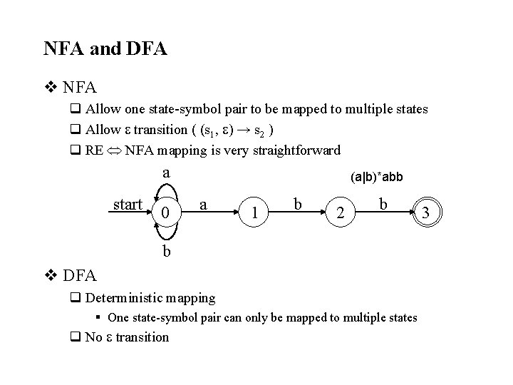 NFA and DFA v NFA q Allow one state-symbol pair to be mapped to