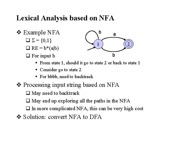 Lexical Analysis based on NFA v Example NFA q = {0, 1} q RE