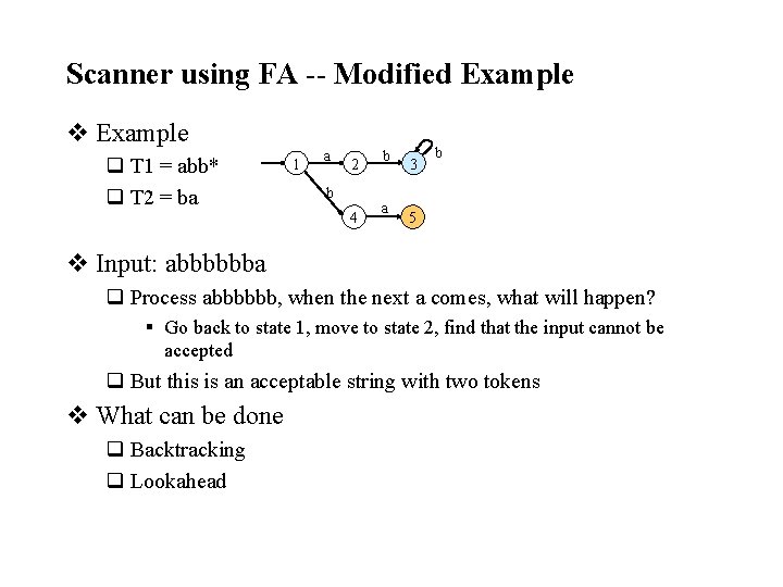 Scanner using FA -- Modified Example v Example q T 1 = abb* q