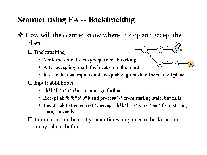 Scanner using FA -- Backtracking v How will the scanner know where to stop