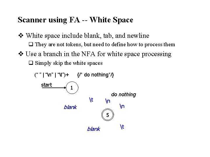 Scanner using FA -- White Space v White space include blank, tab, and newline