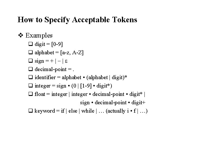 How to Specify Acceptable Tokens v Examples q digit = [0 -9] q alphabet