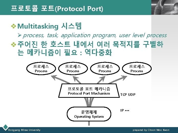 프로토콜 포트(Protocol Port) LOGO v Multitasking 시스템 Ø process, task, application program, user level