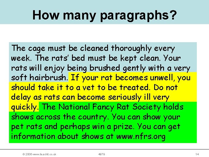 How many paragraphs? The cage must be cleaned thoroughly every week. The rats’ bed