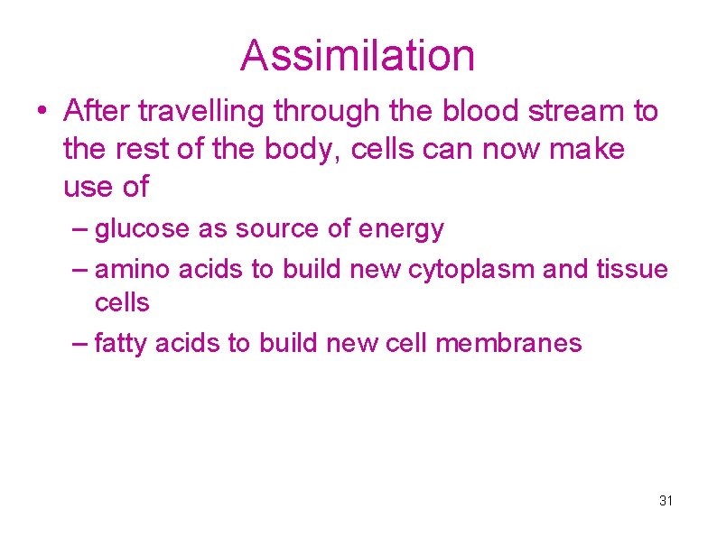 Assimilation • After travelling through the blood stream to the rest of the body,
