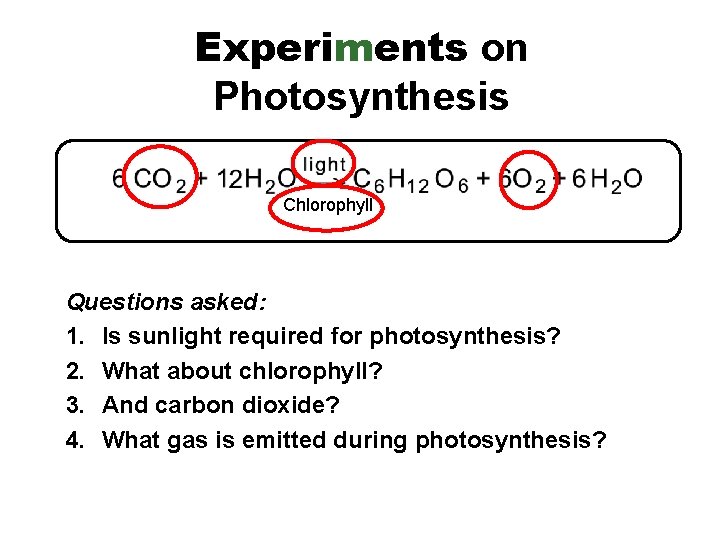 Experiments on Photosynthesis Chlorophyll Questions asked: 1. Is sunlight required for photosynthesis? 2. What