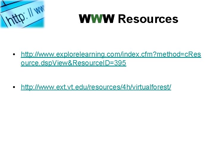 WWW Resources • http: //www. explorelearning. com/index. cfm? method=c. Res ource. dsp. View&Resource. ID=395