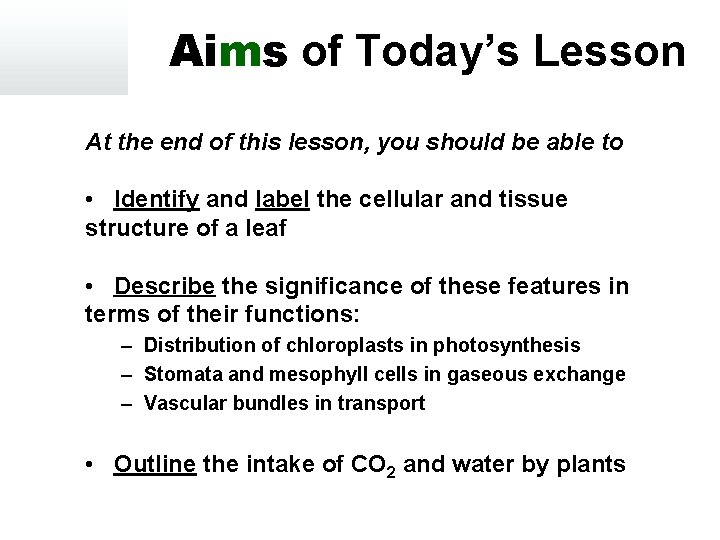 Aims of Today’s Lesson At the end of this lesson, you should be able