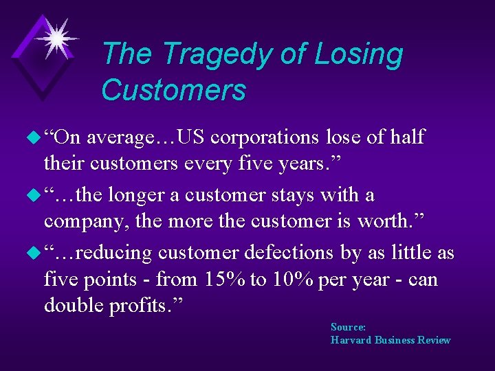 The Tragedy of Losing Customers u “On average…US corporations lose of half their customers