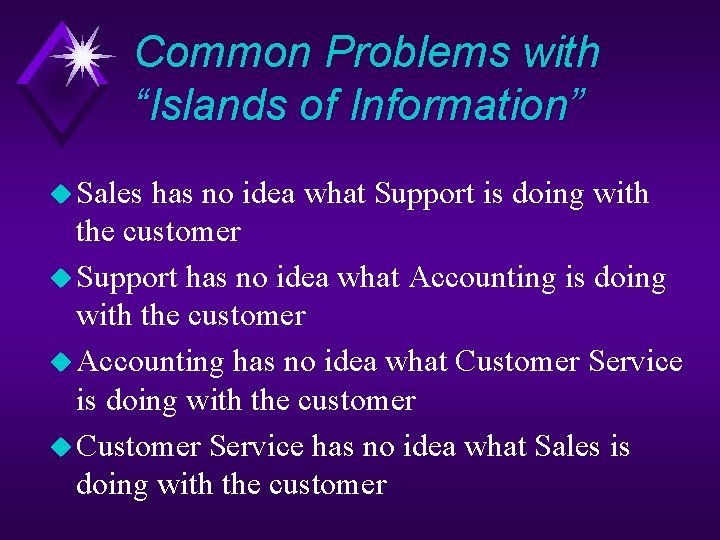 Common Problems with “Islands of Information” u Sales has no idea what Support is