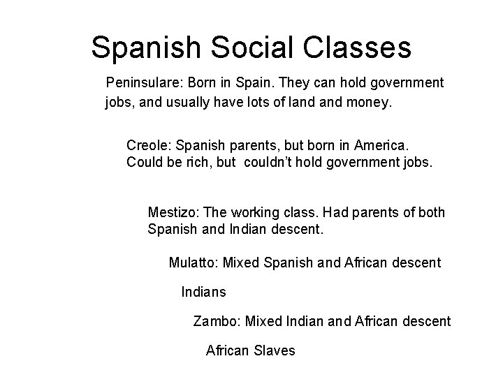 Spanish Social Classes Peninsulare: Born in Spain. They can hold government jobs, and usually