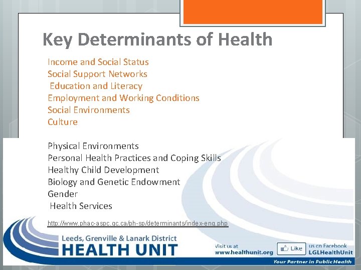Key Determinants of Health Income and Social Status Social Support Networks Education and Literacy