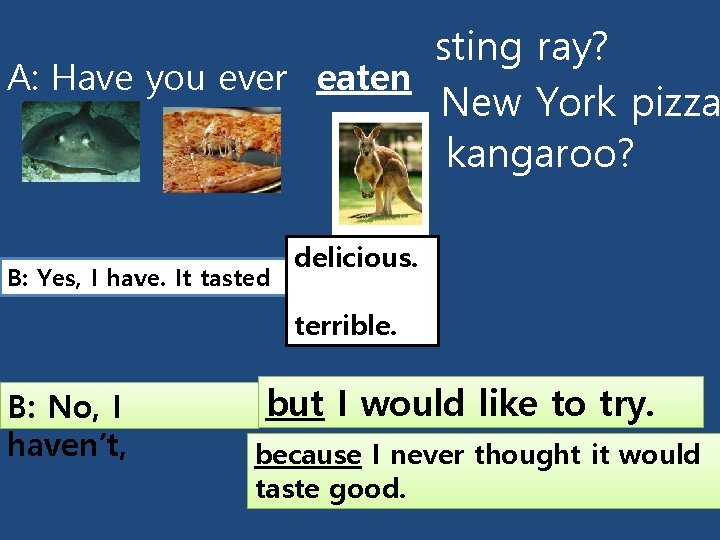 sting ray? A: Have you ever eaten New York pizza kangaroo? B: Yes, I