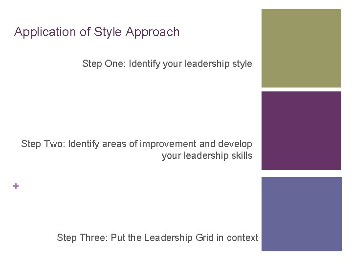 Application of Style Approach Step One: Identify your leadership style Step Two: Identify areas