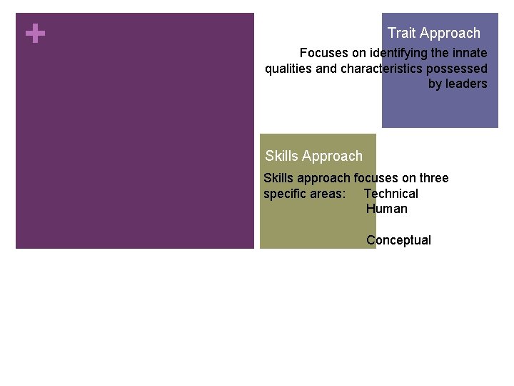 + Trait Approach Focuses on identifying the innate qualities and characteristics possessed by leaders