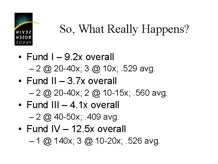 So, What Really Happens? • Fund I – 9. 2 x overall – 2