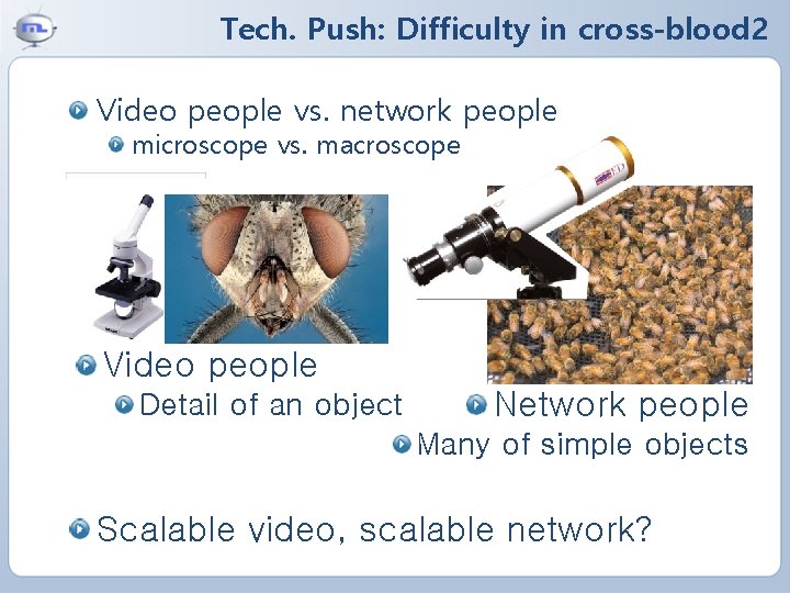 Tech. Push: Difficulty in cross-blood 2 Video people vs. network people microscope vs. macroscope