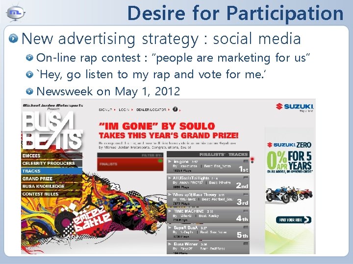 Desire for Participation New advertising strategy : social media On-line rap contest : “people