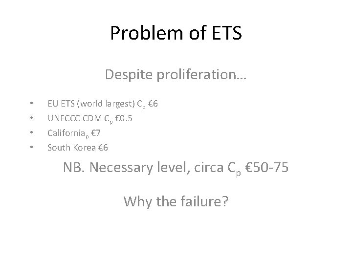 Problem of ETS Despite proliferation… • • EU ETS (world largest) Cp € 6