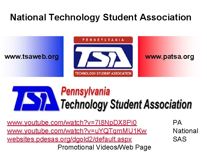 National Technology Student Association www. tsaweb. org www. patsa. org www. youtube. com/watch? v=7