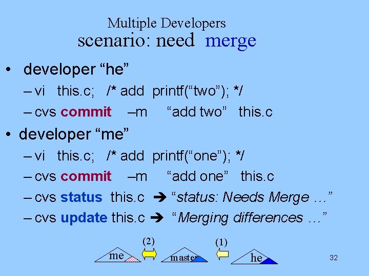 Multiple Developers scenario: need merge • developer “he” – vi this. c; /* add