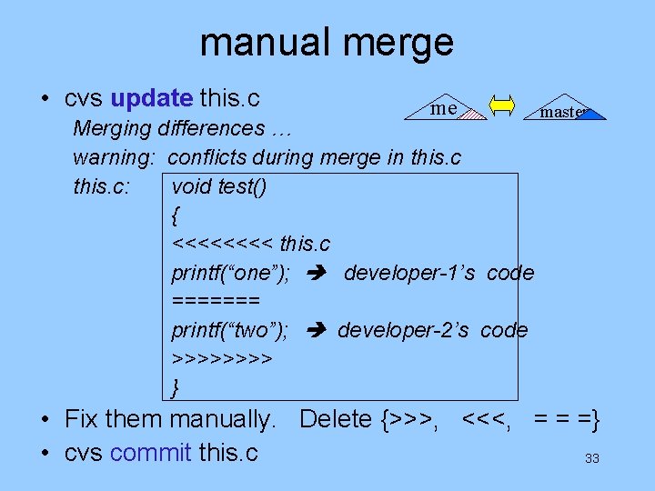 manual merge • cvs update this. c me Merging differences … warning: conflicts during