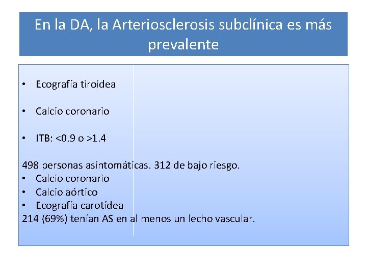 En la DA, la Arteriosclerosis subclínica es más prevalente • Ecografía tiroidea • Calcio