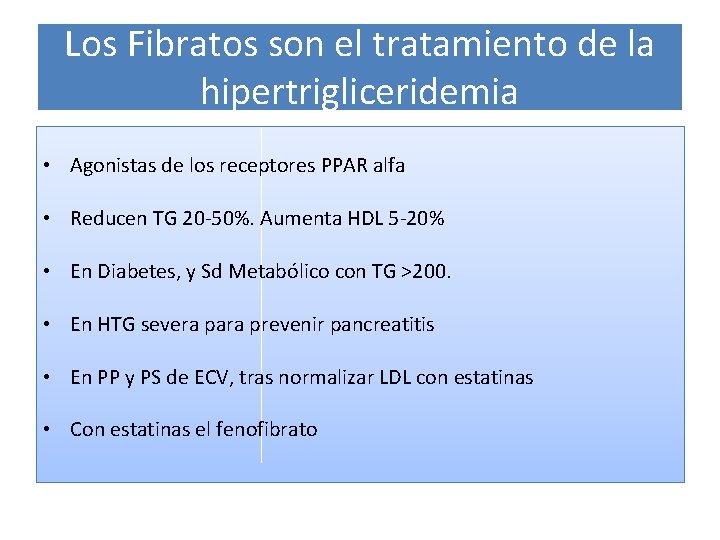 Los Fibratos son el tratamiento de la hipertrigliceridemia • Agonistas de los receptores PPAR Los Fibratos son el tratamiento de la hipertrigliceridemia • Agonistas de los receptores PPAR