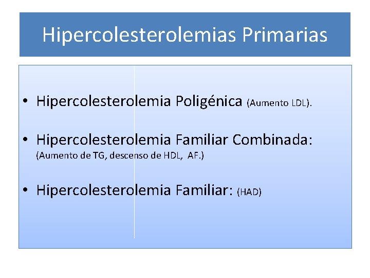 Hipercolesterolemias Primarias • Hipercolesterolemia Poligénica (Aumento LDL). • Hipercolesterolemia Familiar Combinada: (Aumento de TG,