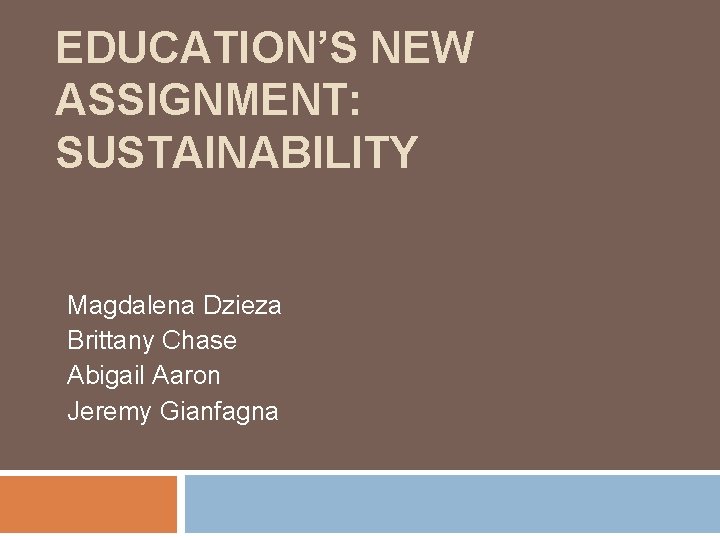 EDUCATION’S NEW ASSIGNMENT: SUSTAINABILITY Magdalena Dzieza Brittany Chase Abigail Aaron Jeremy Gianfagna 