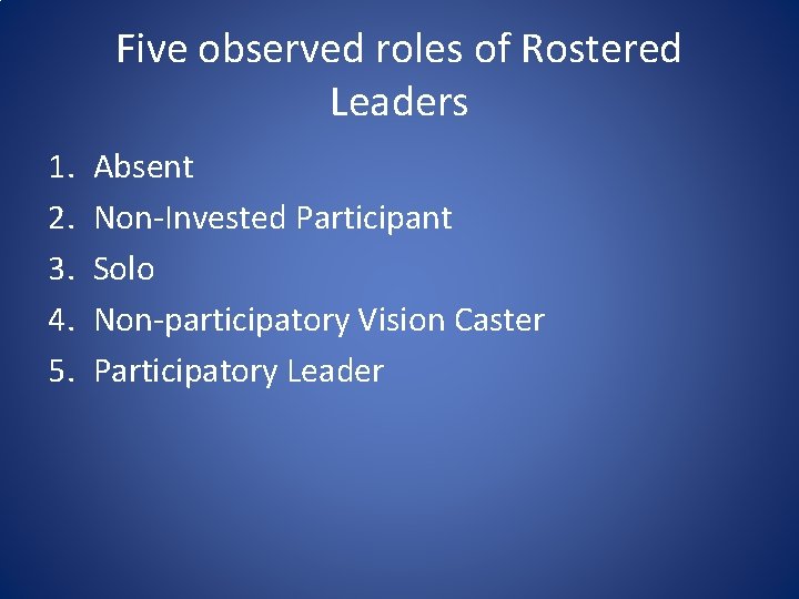 Five observed roles of Rostered Leaders 1. 2. 3. 4. 5. Absent Non-Invested Participant