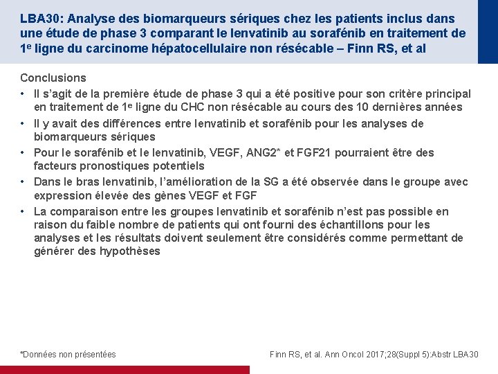 LBA 30: Analyse des biomarqueurs sériques chez les patients inclus dans une étude de