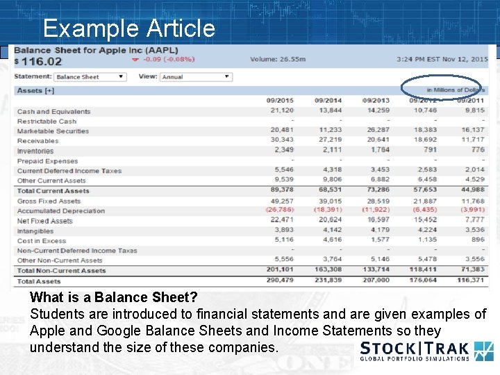 Example Article What is a Balance Sheet? Students are introduced to financial statements and