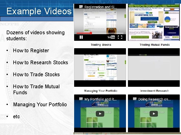 Example Videos Dozens of videos showing students: • How to Register • How to Example Videos Dozens of videos showing students: • How to Register • How to