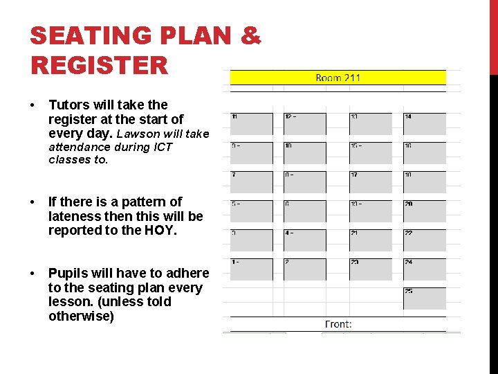 SEATING PLAN & REGISTER • Tutors will take the register at the start of
